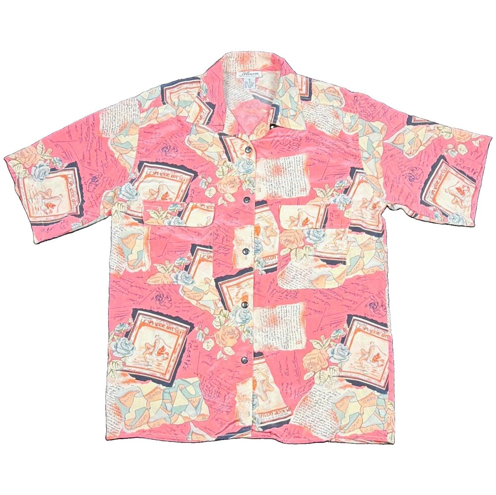 Vtg Bloom Men’s Pink French Theme Graphic Print 100% Silk SS Button-Up Pockets